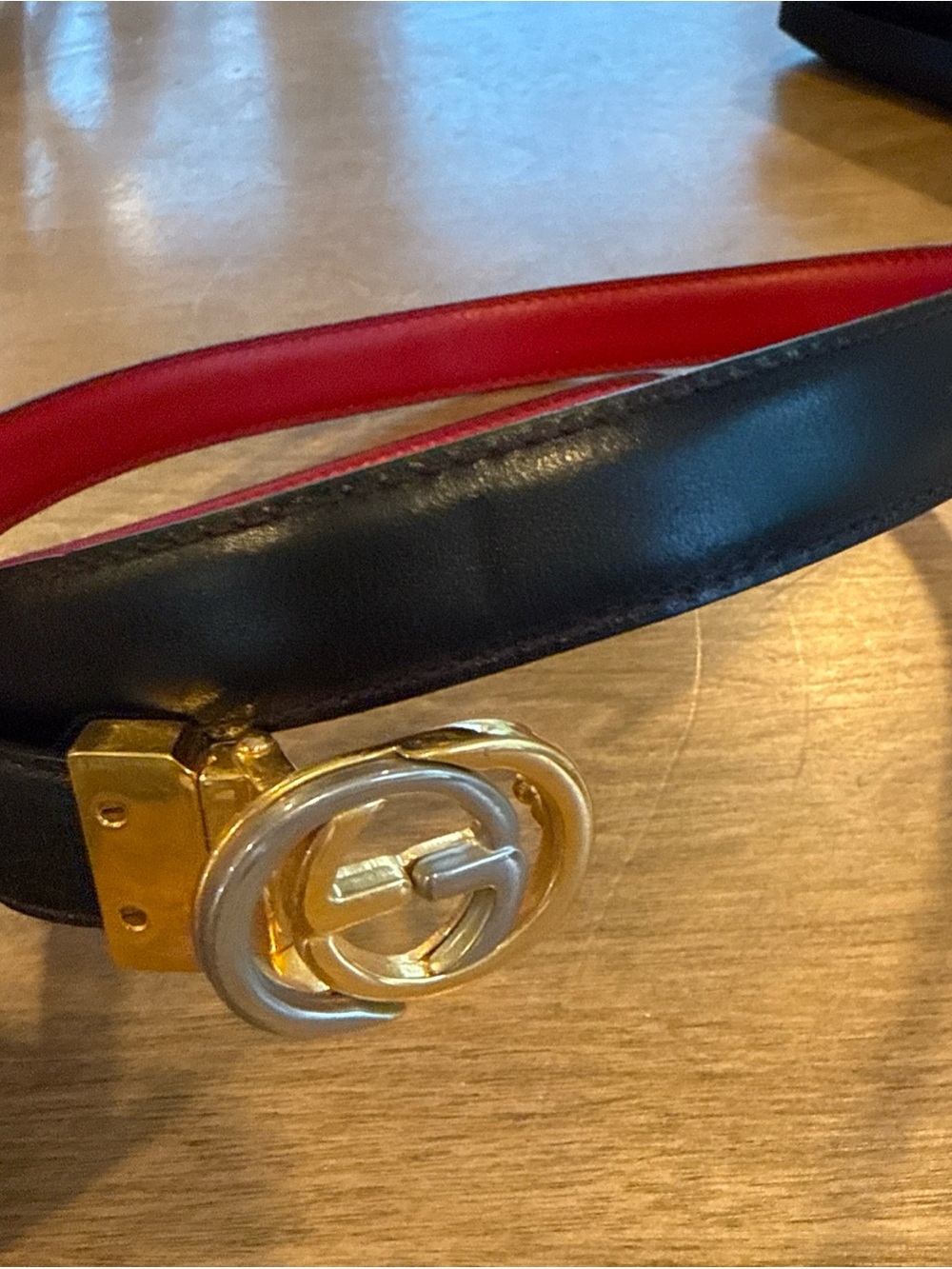 GUCCI Interlocking G  Buckle Belt Black Red Vintage Leather  Size 70 28 New